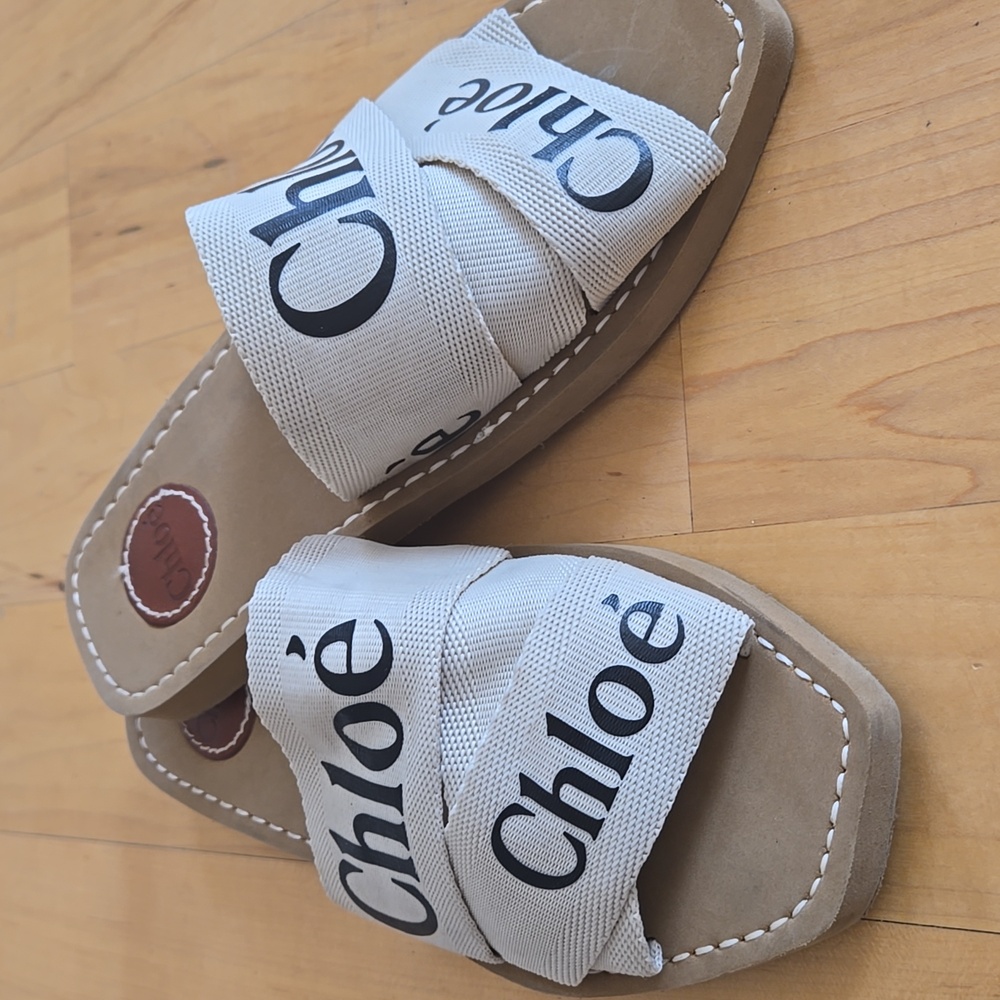 Chloe Beige Logo Mule Slide Sandals